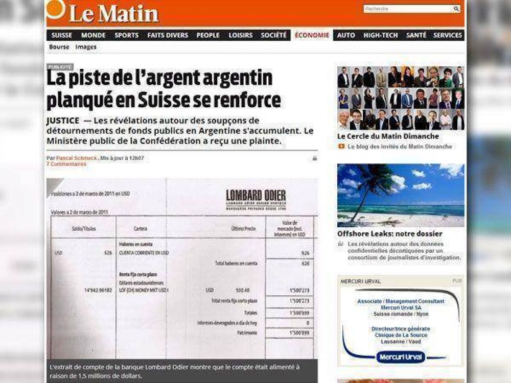 Suiza sigue la pista del dinero argentino oculto en cuentas de sus bancos