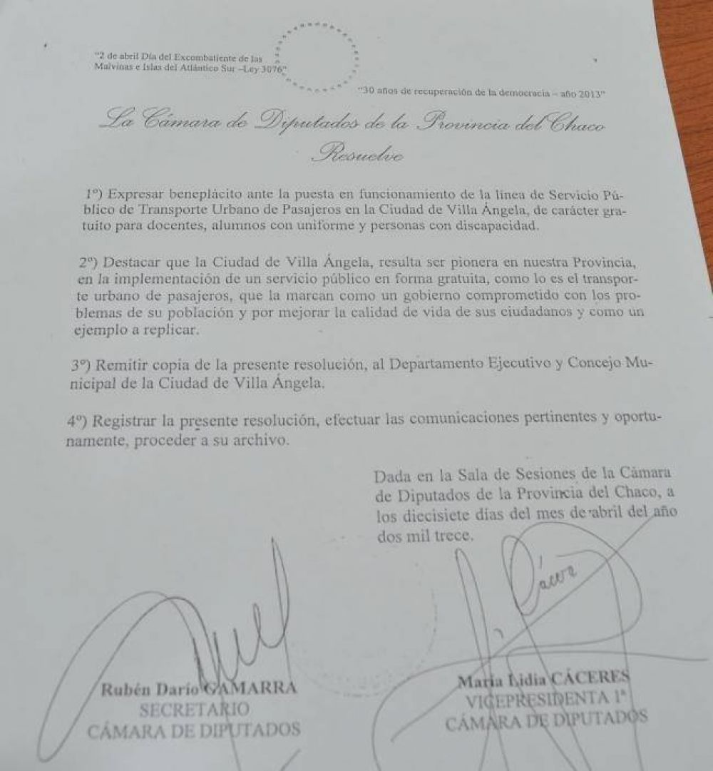 La C�mara de Diputados destac� la puesta en funcionamiento la l�nea de Colectivos en Villa �ngela