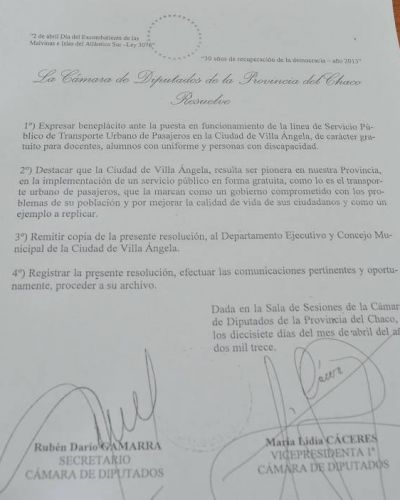 La C�mara de Diputados destac� la puesta en funcionamiento la l�nea de Colectivos en Villa �ngela
