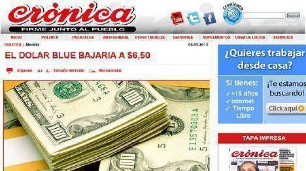 La ins�lita nota de Cr�nica sobre el d�lar blue: dice que bajar�a a $6,50