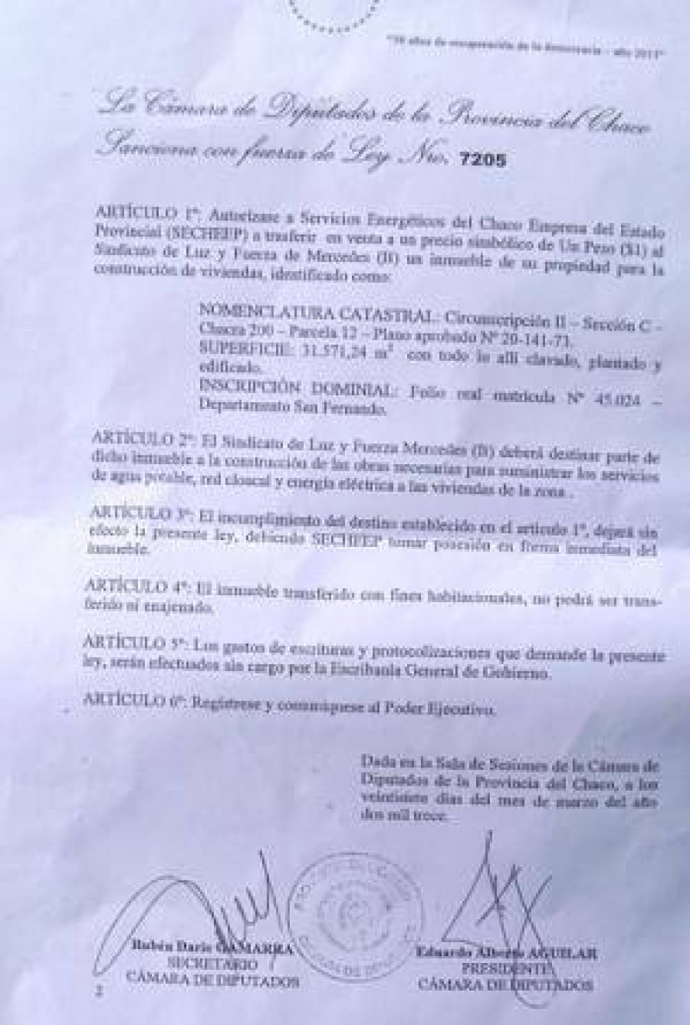 Denuncia sobre ley que autoriza la venta de un terreno de SECHEEP