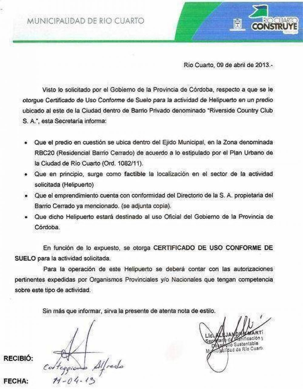Helipuerto: certificado de R�o Cuarto dice que es �para uso oficial del Gobierno provincial�