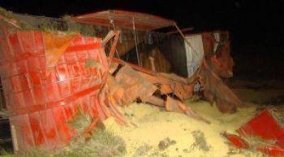 Volc� un cami�n cargado de soja en la ruta 33