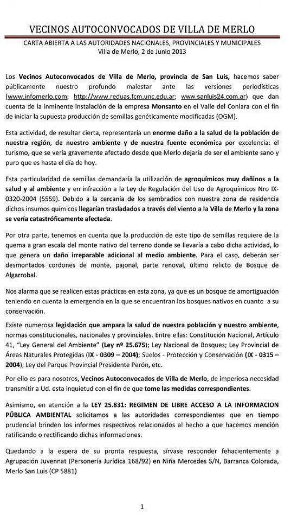 Vecinos de Merlo preocupados por la presencia de Monsanto