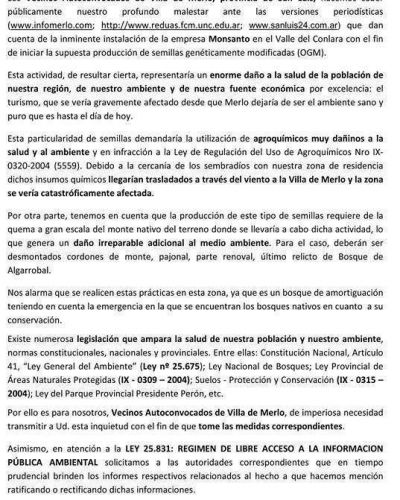Vecinos de Merlo preocupados por la presencia de Monsanto