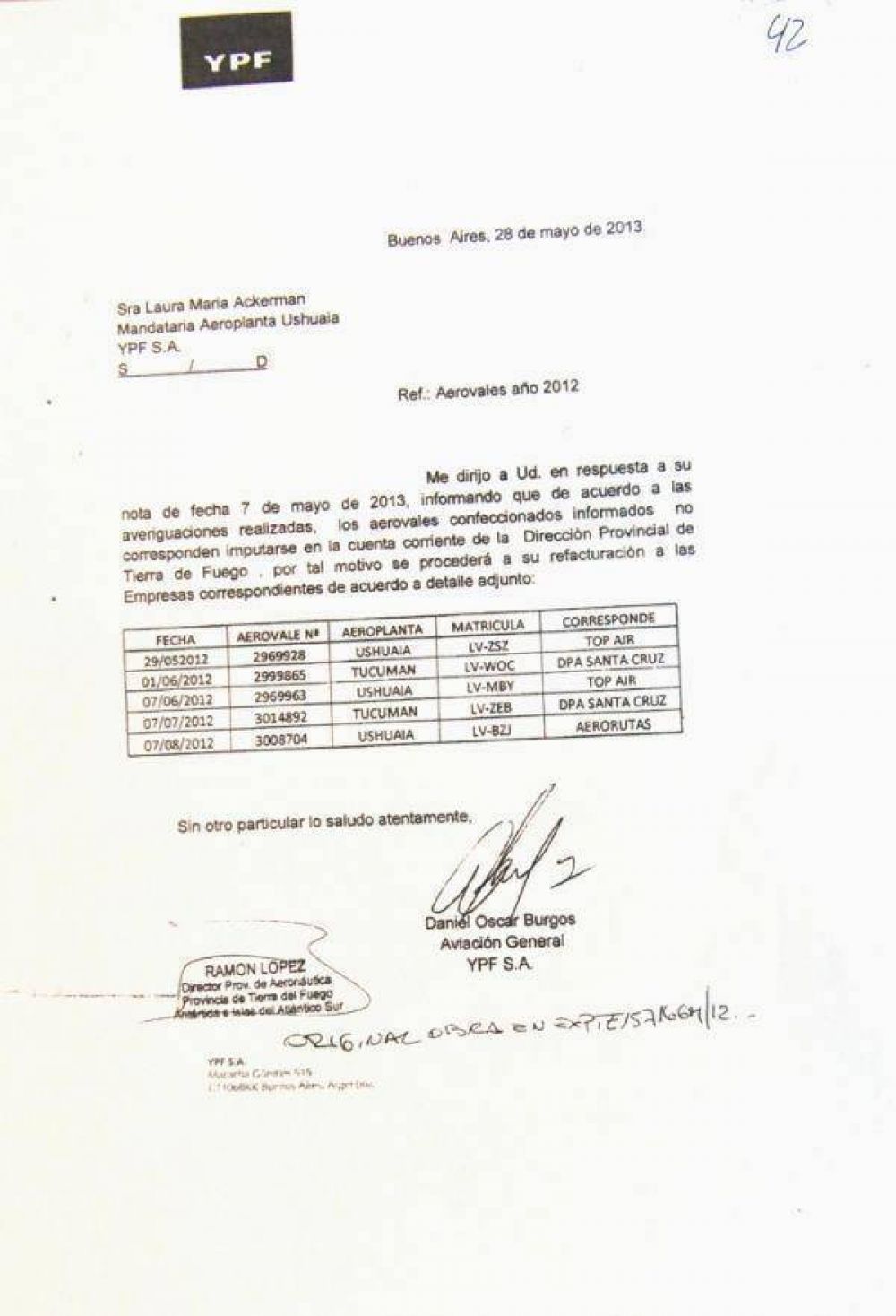 YPF reconoci� que �por error� imput� a la cuenta del Ejecutivo cargas de combustible a Top Air