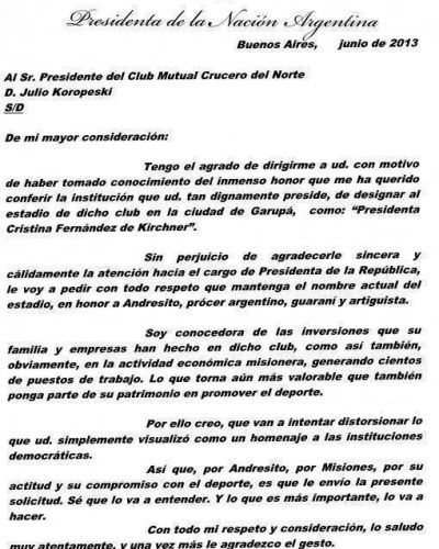 Cristina agradeci� la intenci�n de ponerle su nombre a un estadio pero pidi� que no se haga