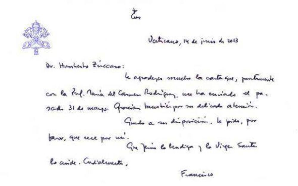 El Papa Francisco le escribi� una carta al Intendente Z�ccaro: �Rece por m� y que Jes�s lo bendiga�