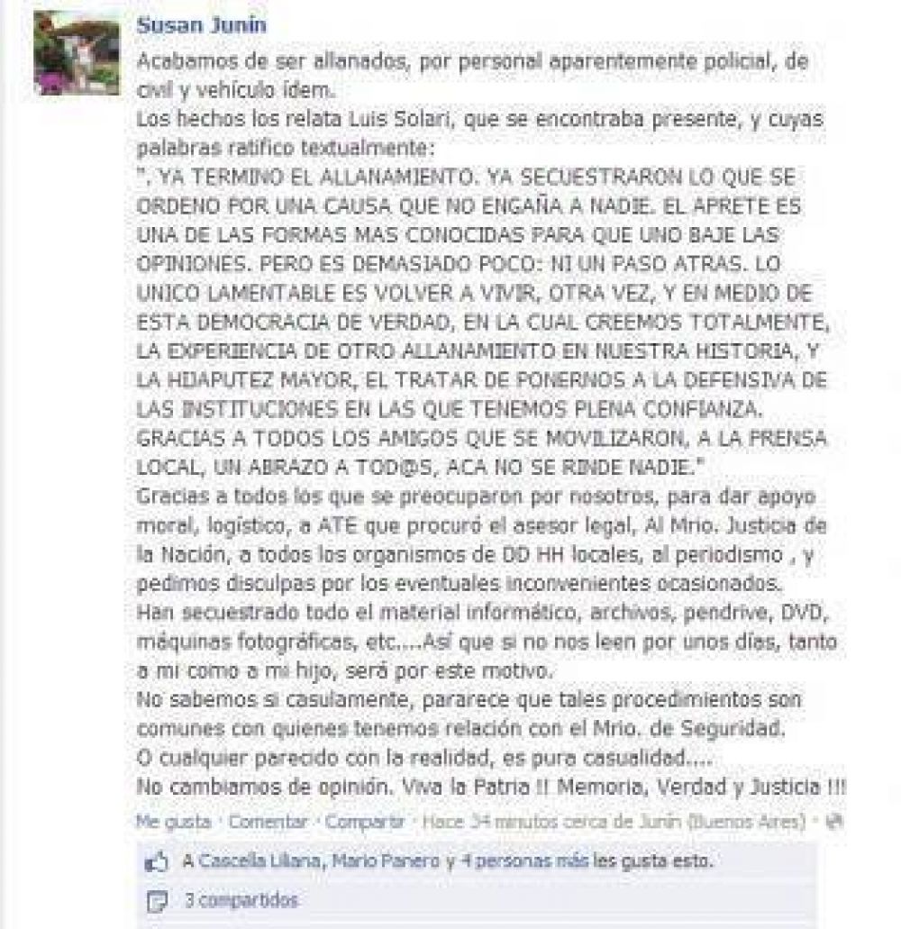Realizaron un allanamiento en la casa de Susana Bogey