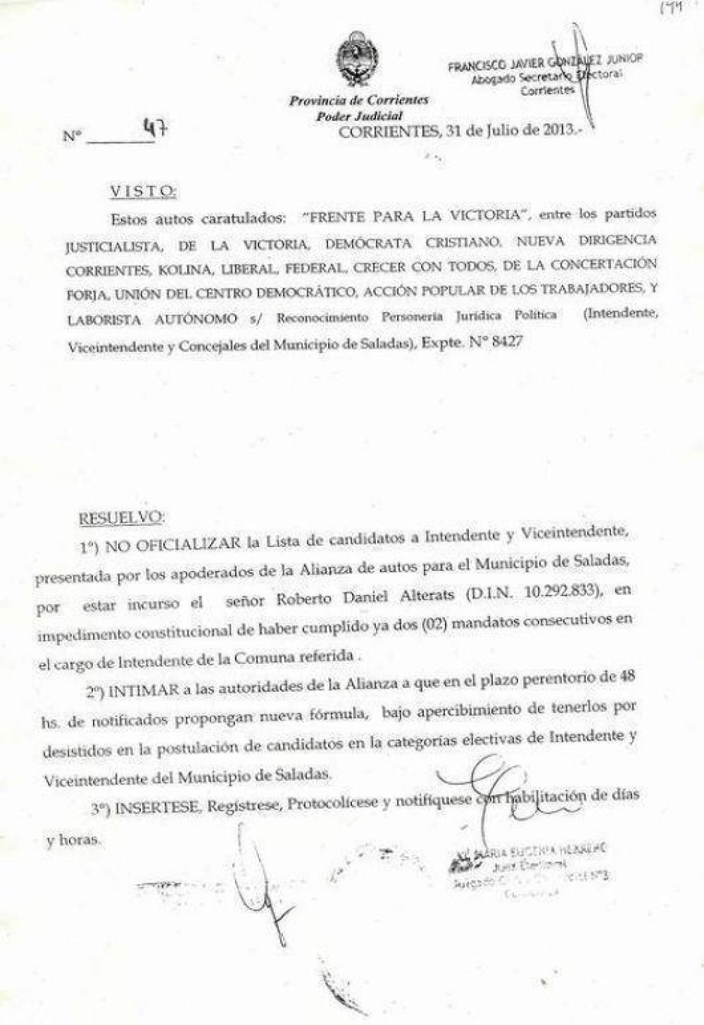 La Juez Electoral rechaz� la re-re del intendente Alterats