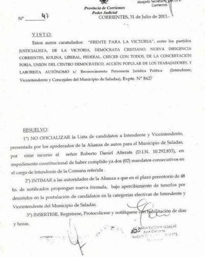 La Juez Electoral rechaz� la re-re del intendente Alterats