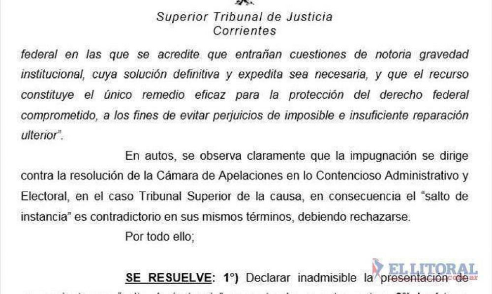 El STJ rechaz� el pedido de per saltum y queda firme la re-reelecci�n de Alterats