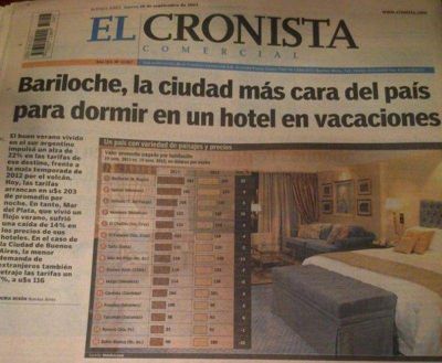 Diario nacional afirma que Bariloche es la ciudad m�s cara del pa�s para dormir en un hotel