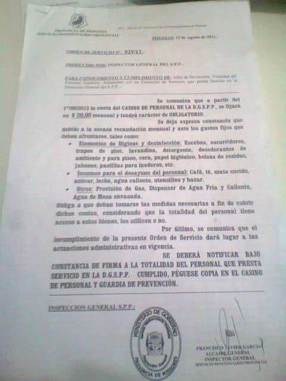 Obligan a los penitenciarios a pagar por la limpieza y el desayuno