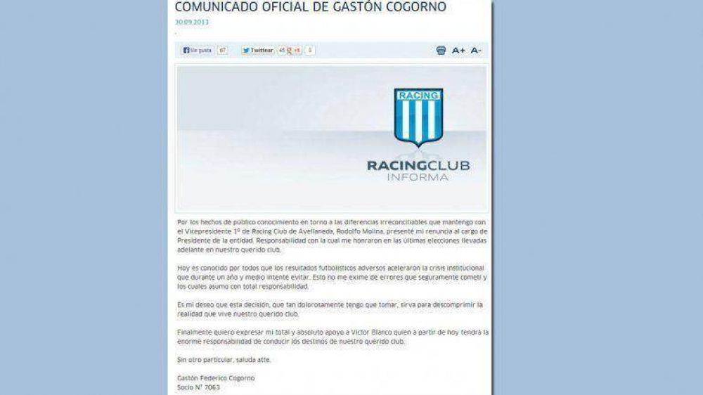 Cogorno confirm� su renuncia y Blanco es el nuevo Presidente de Racing
