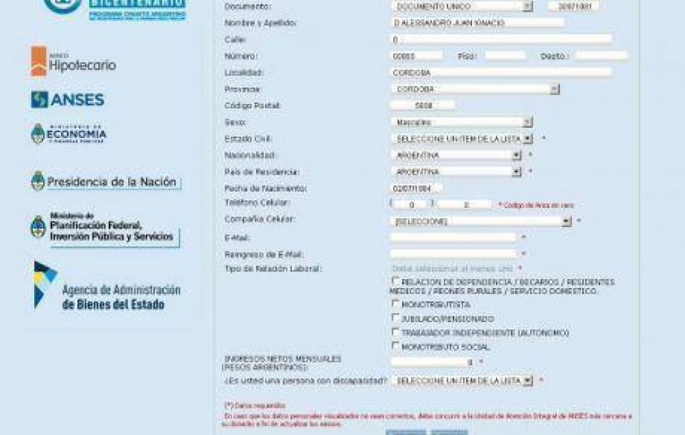 Inconvenientes para inscribirse en el Procrear por faltante de datos personales