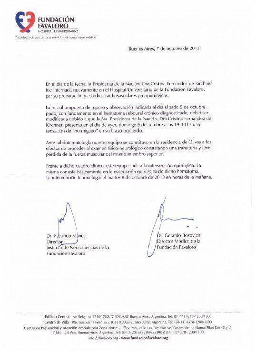 El comunicado oficial sobre la salud de Cristina