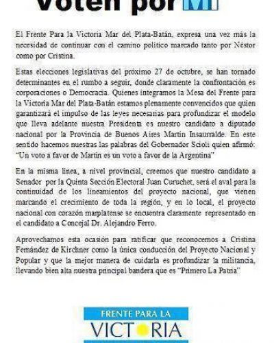 �Voten por MI� el documento que entrego el FPV Mar del Plata a Insaurralde