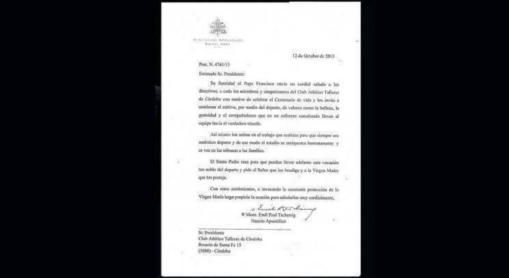 La carta del Papa Francisco a Talleres por el Centenario